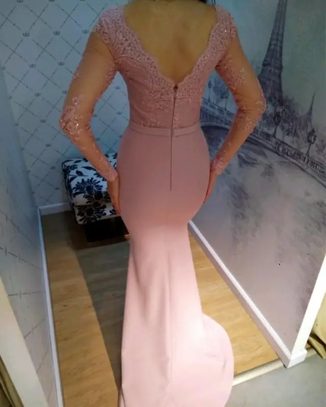 Vestidos de dama de Honor de manga larga para mujer, Vestido largo de sirena de encaje Rosa musulmán, precio al por mayor, 2019