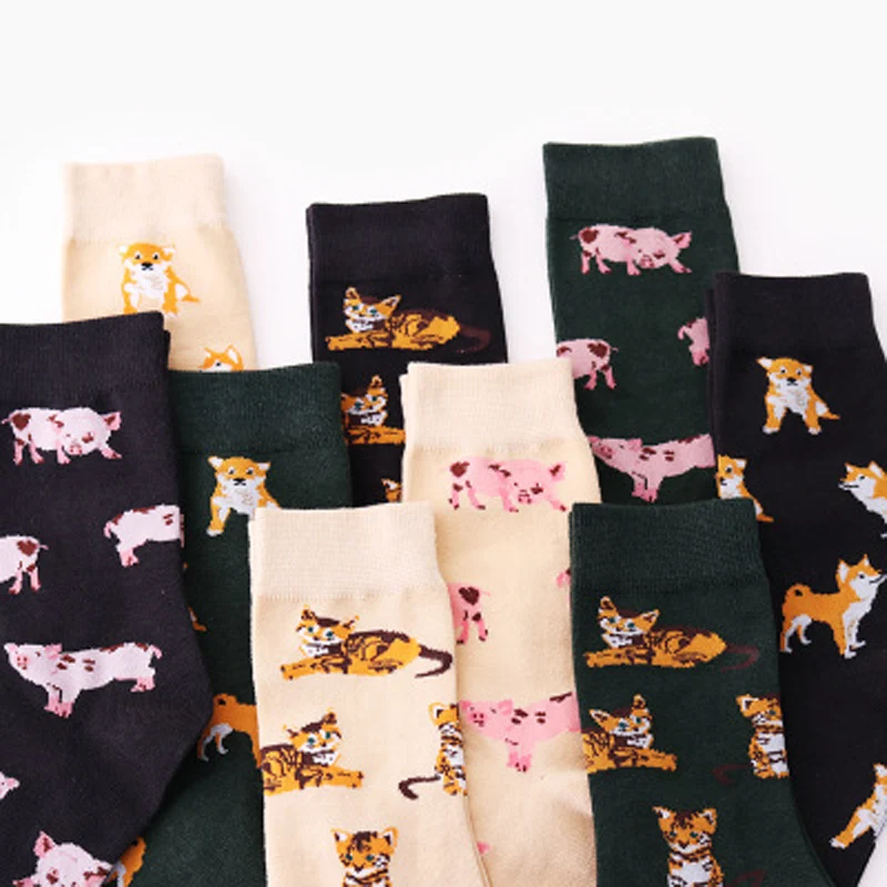 COCOTEKK-Calcetines de algodón peinado con dibujos animados de Kawai para mujer, regalo divertido, Shiba Inu, gato, cerdo, Corgi, patrón de Animal