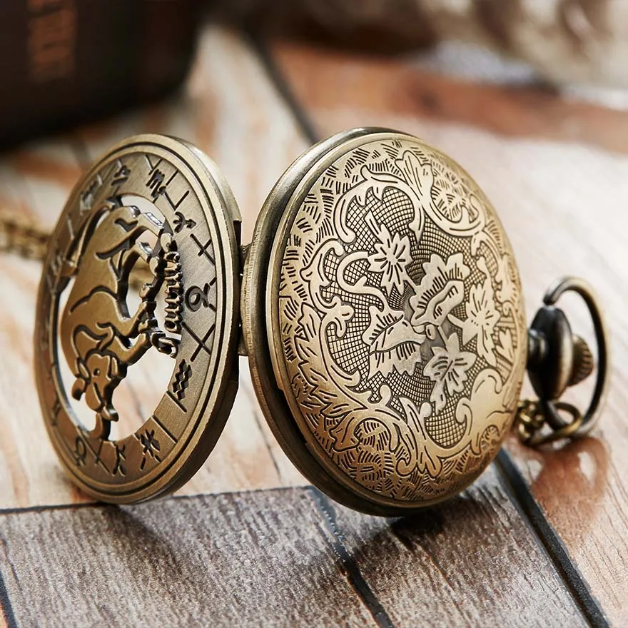 Jam Tangan Saku Retro 12 Konstelasi Jam Tangan Fob Hewan Pria Wanita Jam Kalung Pisces Leo Scorpio Taurus Gemini Sagitarius