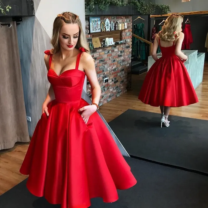 Robe de Soirée en Satin Rouge à Lacets, Tenue de Bal de Promo, Spaghetti, Bon Marché, Nouvelle Collection, 123