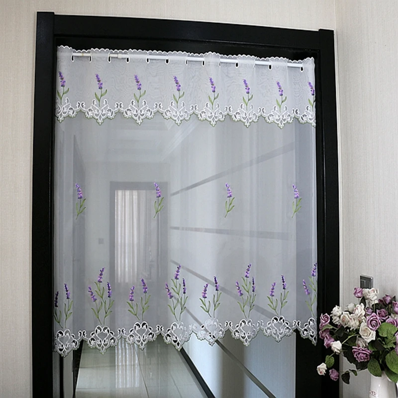 Half-curtain Purple Lavender Flower Embroidery Hollow Lace Hem Coffee Curtain Tulle Curtain for Wedding Kitchen Cabinet Door