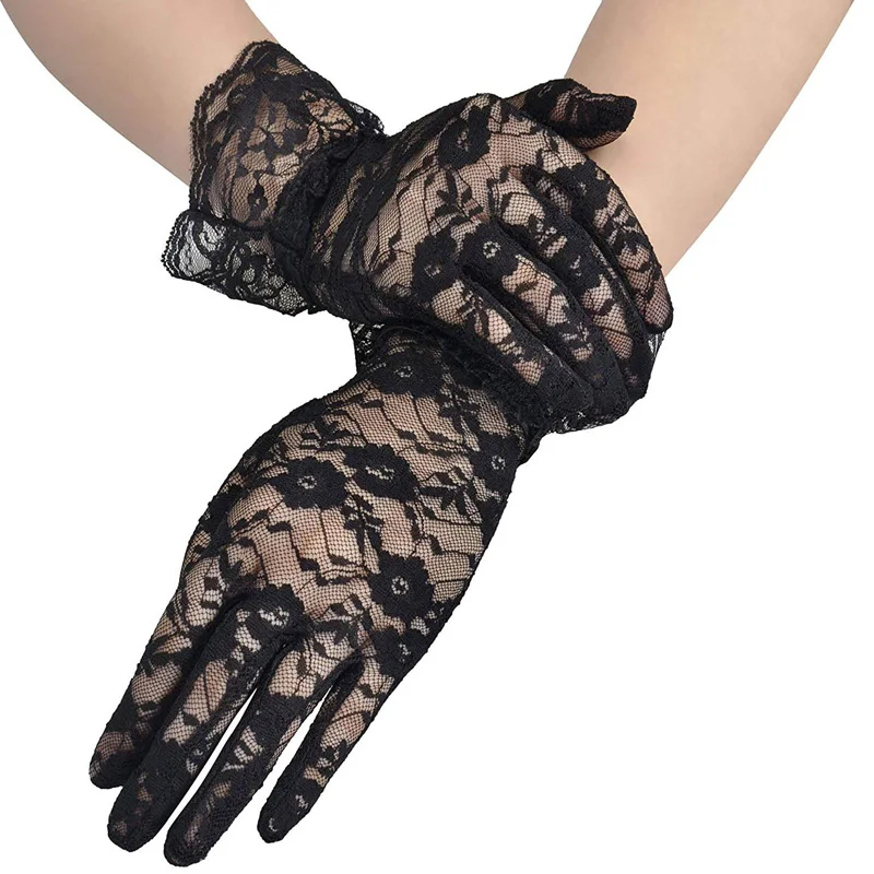 Guantes de encaje cortos transparentes para mujer, Vintage, Derby, fiesta de té, longitud de la muñeca, guantes florales para cenas, accesorios de disfraces de lujo