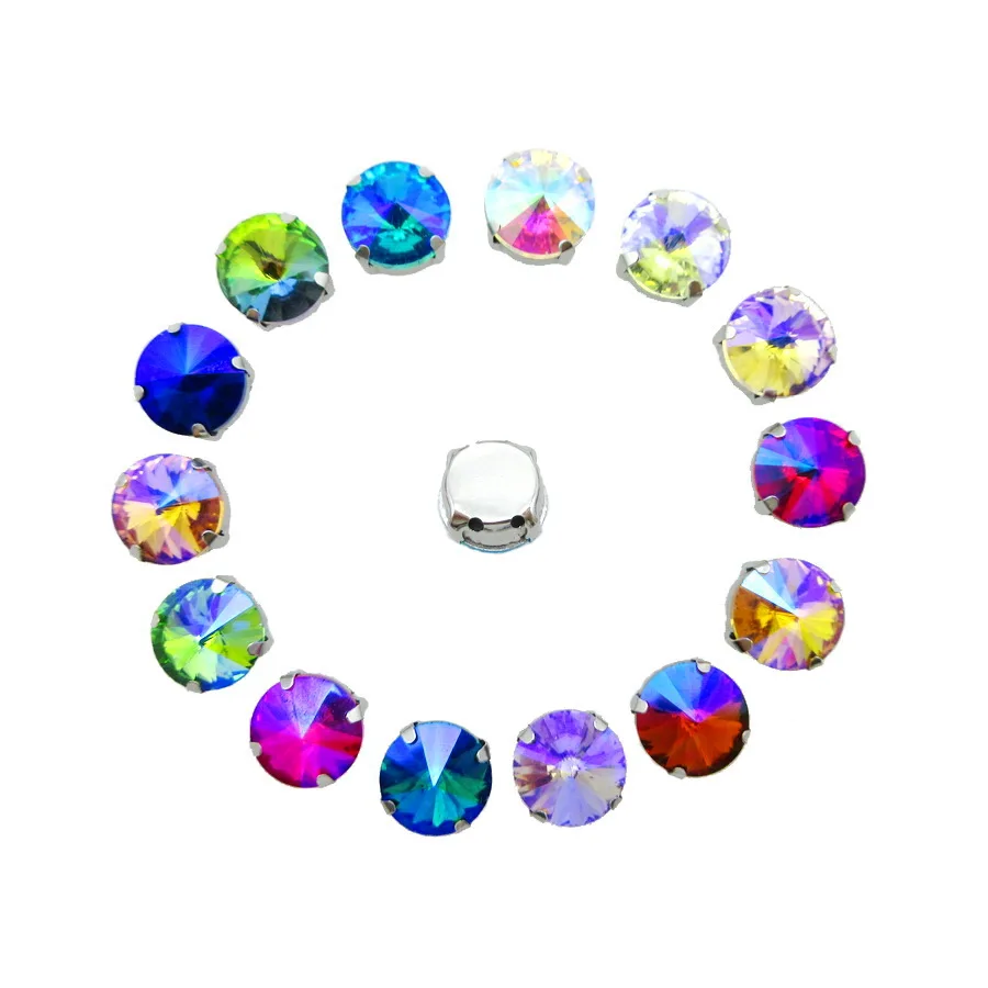 AB colors Rivoli round shape glass Crystal strass Silver claw flatback Colorful Sew on rhinestones beads garment accessories diy