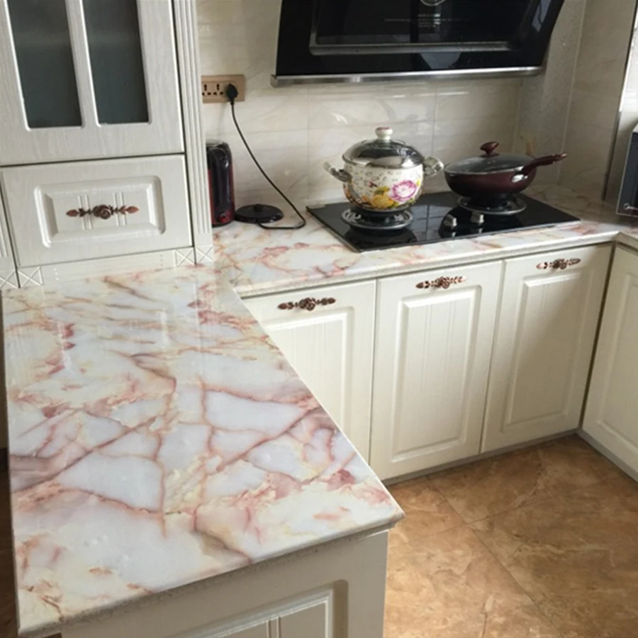 PVC Bright Marble Wallpaper Self Adhesive Waterproof Bathroom Tile Sticker Peel And Stick Oil Proof Kitchen Cabinet Desktop Film