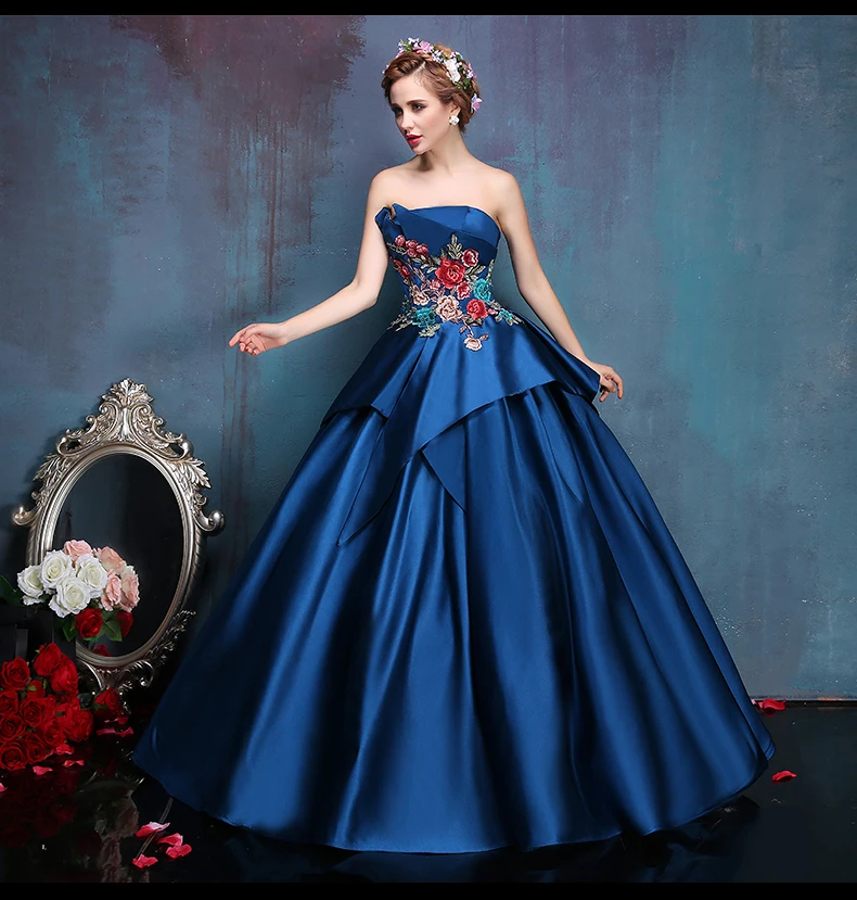 100% real royal blue embroidery ball gown victorian princess medieval dress Renaissance cosplay Victoria Antoinette/Belle Ball