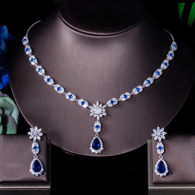 Pera Luxury Bridal Big Water Long Cubic Zirconia Green Drop Necklace and Earring Sets for Women Wedding Jewelry Accessories J092