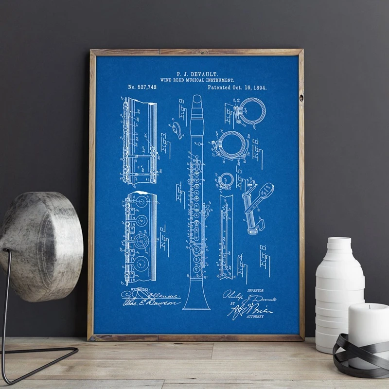 Clarinet 1894 Poster Jazz Art Prints Music Room Decor Vintage Clarinet Patent Blueprint Canvas Painting Musician Gift idea