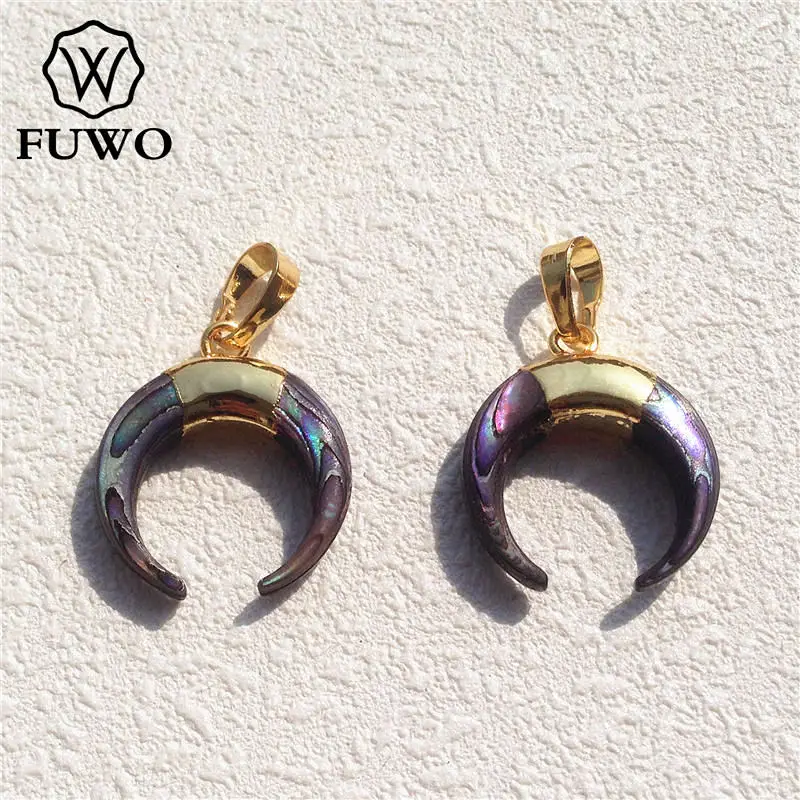 FUWO Wholesale Natural Abalone Shell Crescent Pendant,Golden Plated Double Horn Accessories For Jewelry Making 5Pcs/Lot PD523