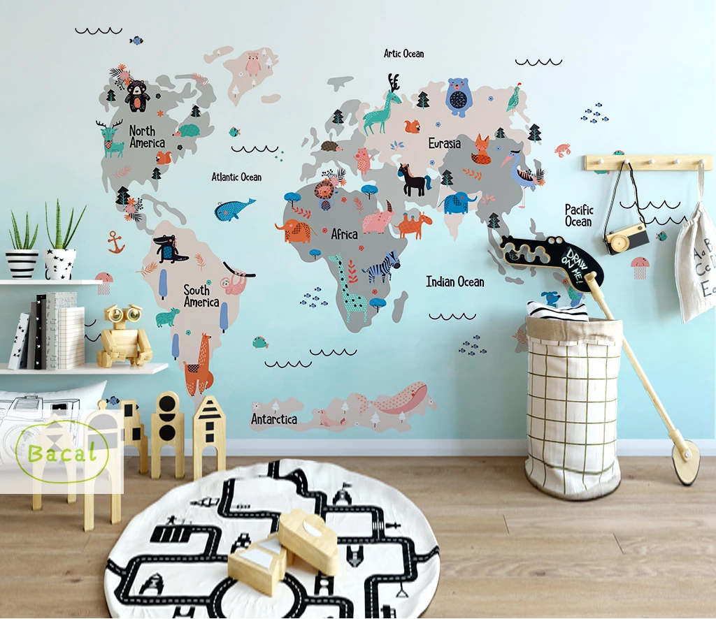 

Bacal Custom Children Room Wall 3d Wallpaper Cartoon Airplane Sailing Animals World Map Background Wall 3d wallpaper mural decor