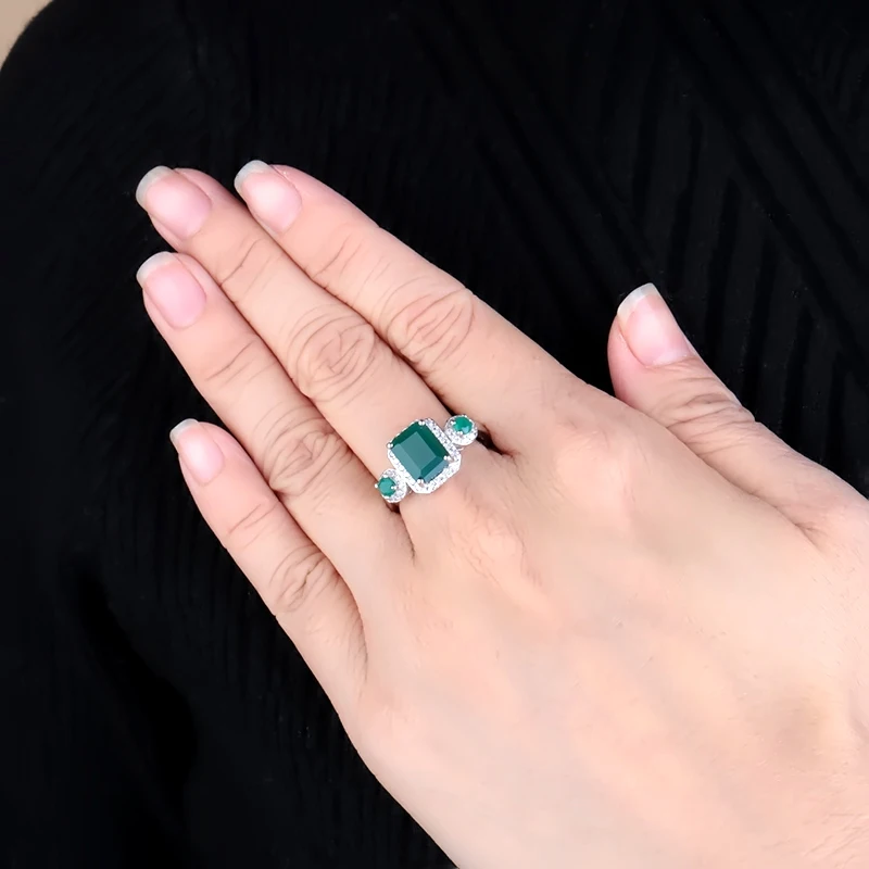 Gem\'s Ballet  2.28Ct Emerald Cut Natural Green Agate Gemstone Vintage Rings Solid 925 Sterling Silver Fine Jewelry For Women