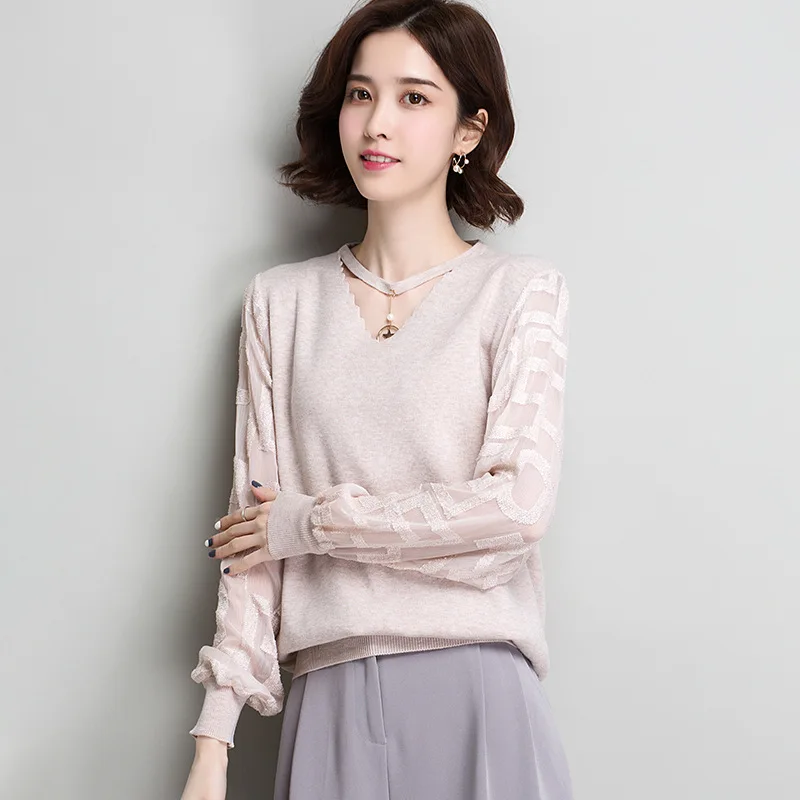 

Ice Silk Long Sleeve Lady T-shirt V-neck Korean Pure Color Fashion Women's Wear Top Summer Casual Thin Knitted T-shirts H9220