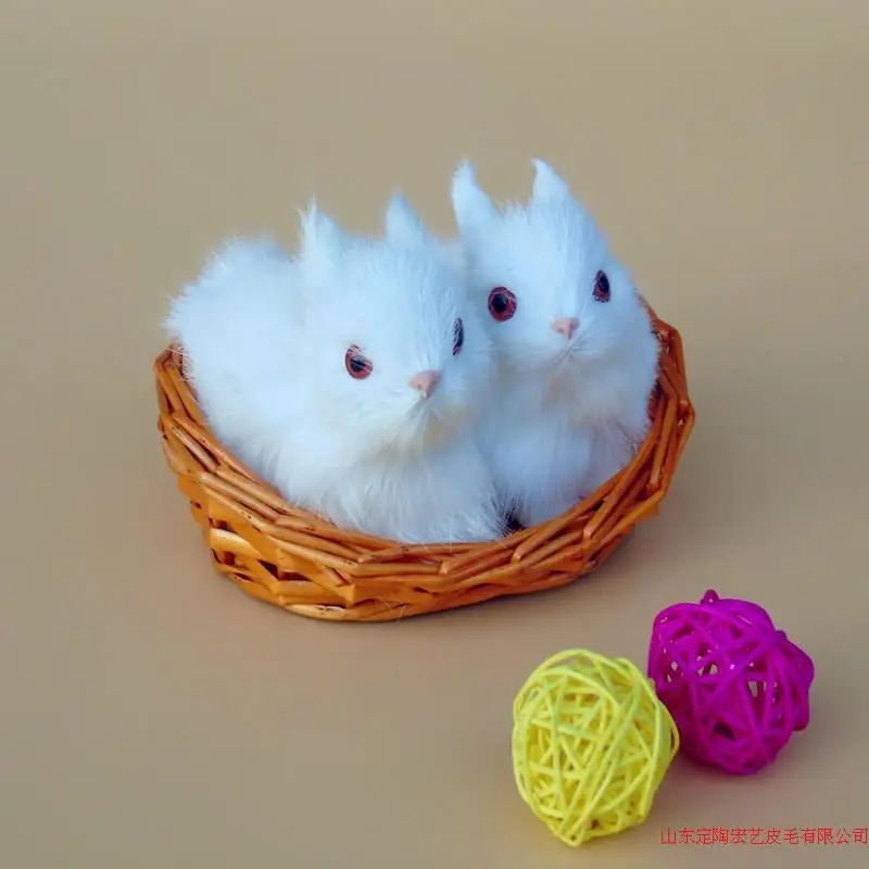 simulation cute white rabbits 11x7x7cm one pair rabbits in one basket model polyethylene&furs rabbit model decoration gift d503