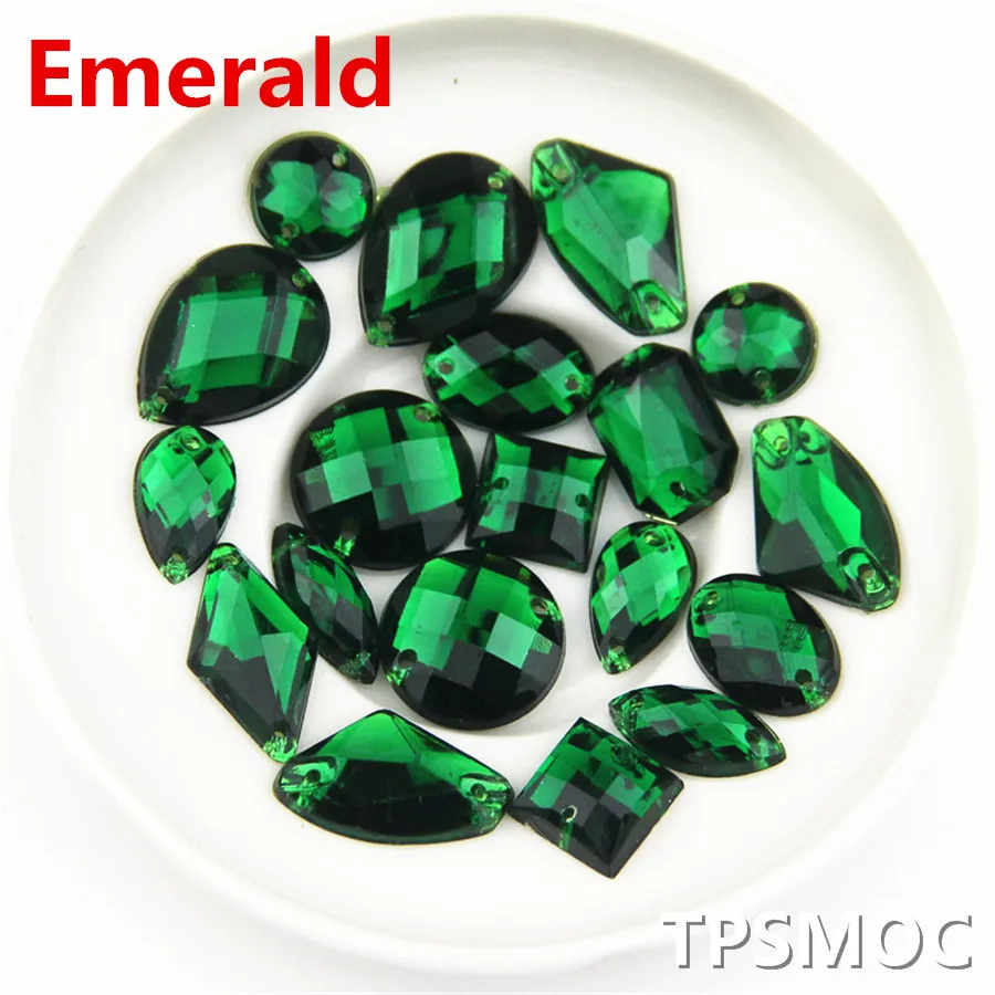 100pcs Mixed size Emerald Flatback Rhinestone Acrylic stones sewing on Rhinestones For Clothing bags shoes Decorations