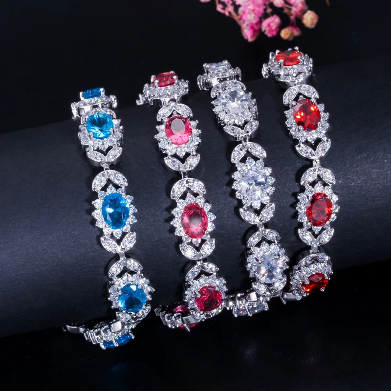 Pera Sweet 8 Color Options Fashion Ladies Jewerly Hot Pink Red Cubic Zirconia Crystal Oval Flower Charm Bracelet for Gift B073