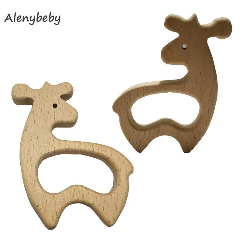 Handmade Natural Beech Wood Animal Shape Wooden Teether Baby Kids Teething Chew Toy