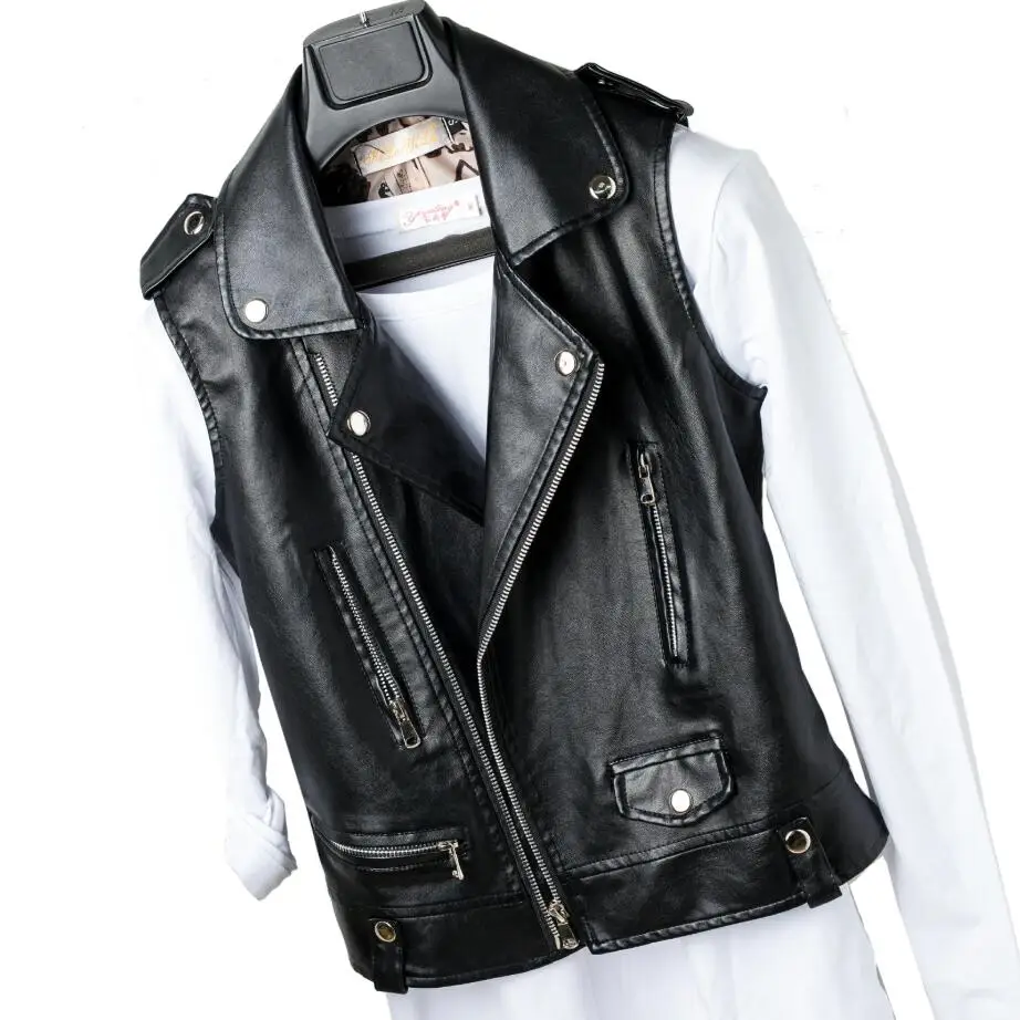 

autumn Women Leather Vest PU Soft Vest Ladies Leather Motorcycle Vests Pocket vest short Jacket