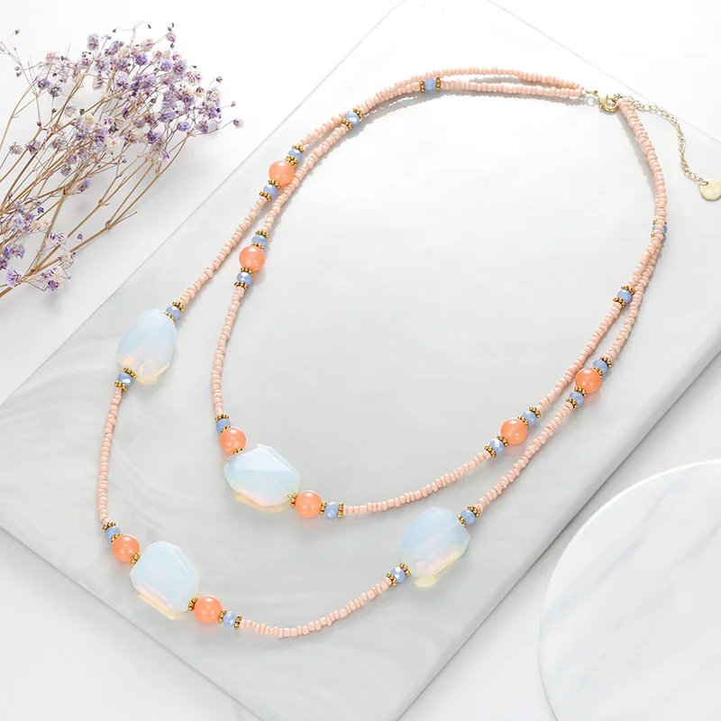 BOJIU Fashion Opal Pendant Long Necklace Pink Bead Natural stone Bead Necklace Women Accessories Set For Festive Gift Hot NKS179