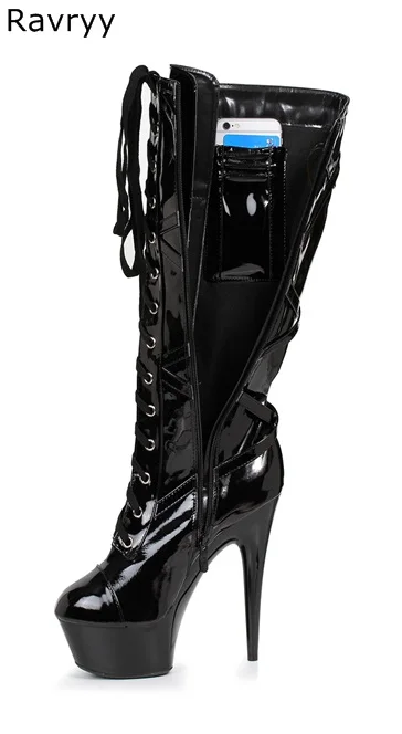 

Pocket Cross-tied patent leather black Woman long boots Pole dance Model Show Fun Club Party Female Shoes Platform Thin Heel