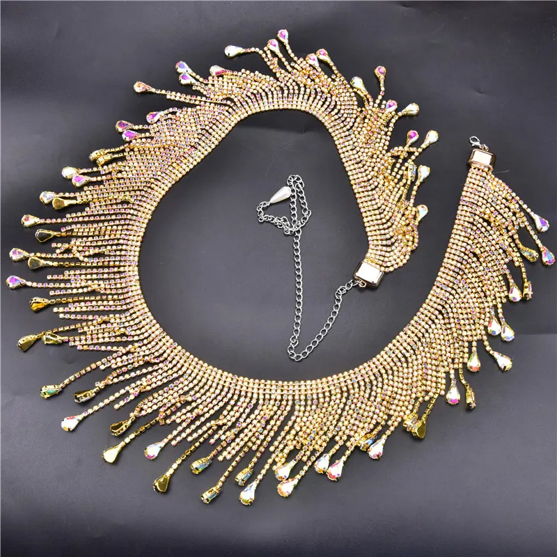 High Quality Fringe Flower Chain Exquisite Belly Dance Hip Scarf Shawl Ab Rhinestone Tassel Belt Clear Silver Waist Trim Jewelry