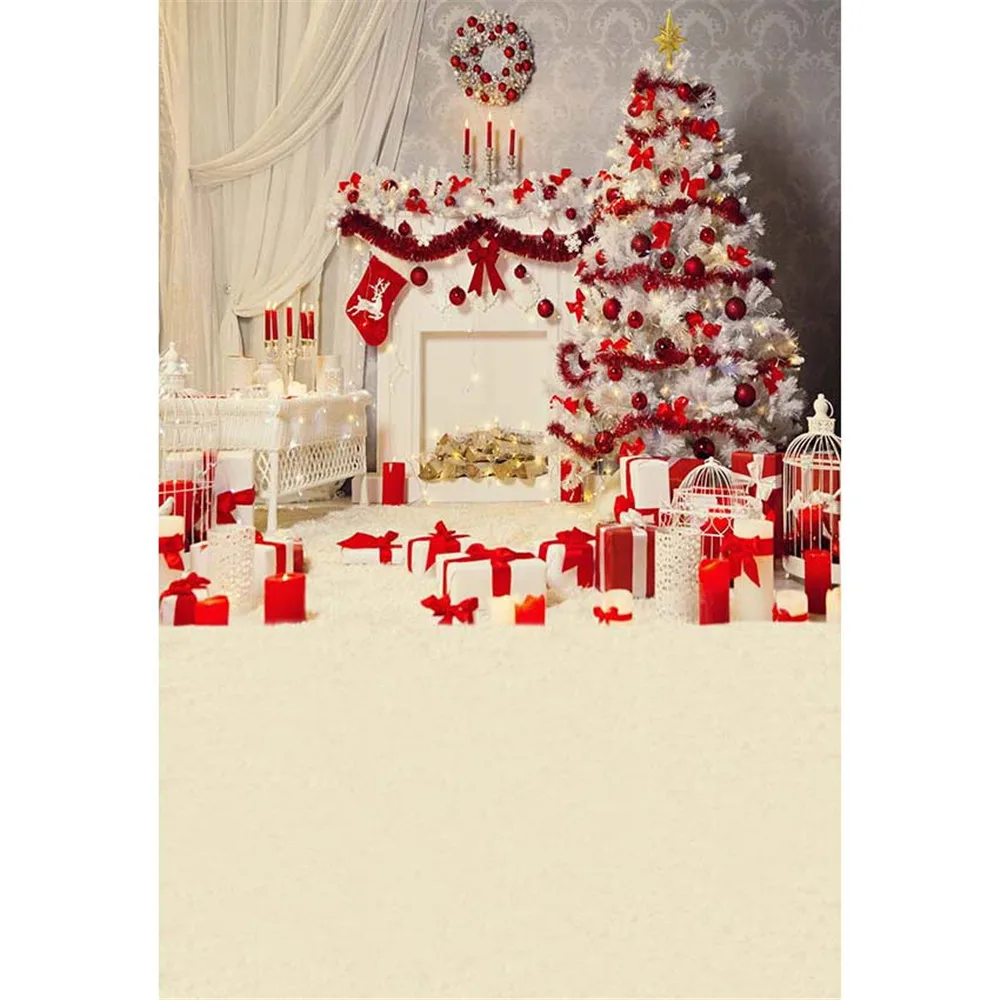

Merry Christmas Party Photography Backdrop Indoor Printed White Xmas Tree with Red Balls Garland Kids Photo Booth Background