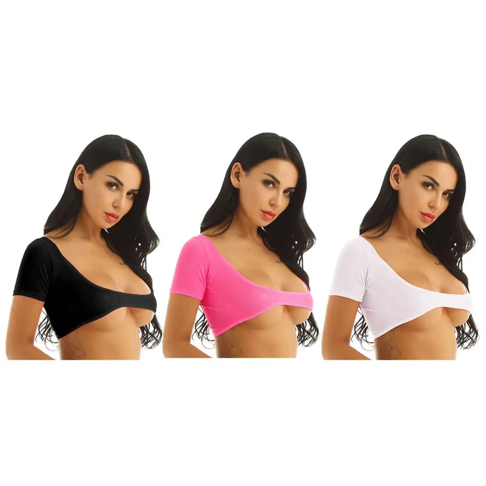 iEFiEL Fashion Show for Womens Club Tops Mesh See Through Sheer Open Bust Belly Dance Gymnastics T-Shirts for Sexy Clubwear