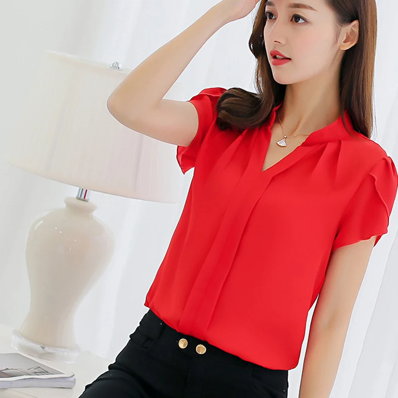 Camicetta donna 2024 estate manica corta ufficio rosso camicia in Chiffon da donna elegante Top da lavoro abbigliamento Casual femminile