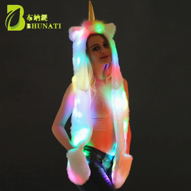 2024 New LED-lit Unicorn Hat Winter Fashion Warm Long Scarf And Gloves Multi-Scene Artificial Animal Fur Hat