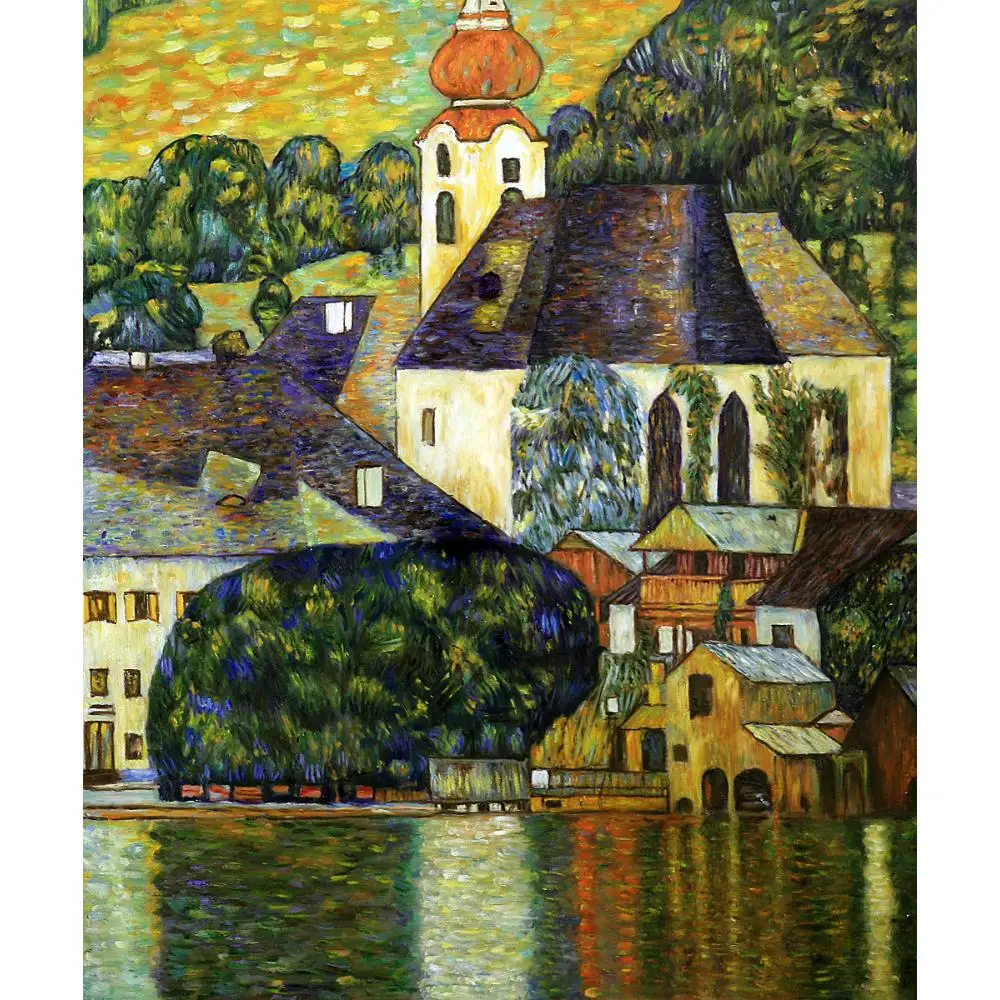 

Handmade Canvas Art Church in Unterach on the Attersee Gustav Klimt Landscape Painting Reproduction Modern Artwork Wall Decor