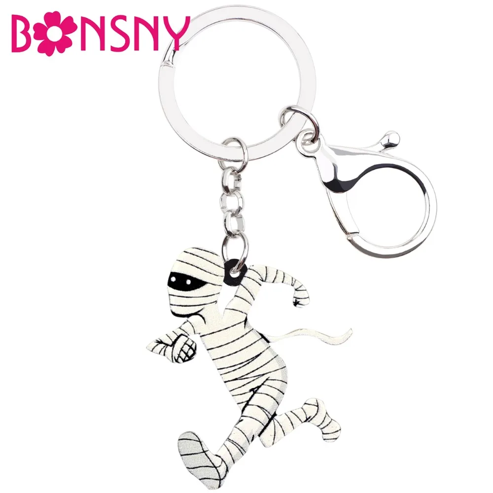 Bonsny Acrylic Halloween Running Mummy Zombie Key Chains Keychain Ring Cartoon Jewelry For Women Girls Handbag Purse Charms Gift