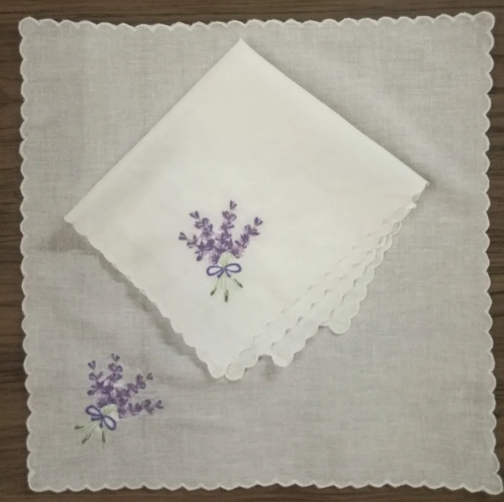 Set of 12 Women Handkerchiefs 12-inch White Cotton Wedding Hankies scallop Edged Color embroidery Vintage Hanky For Ladies/Bride