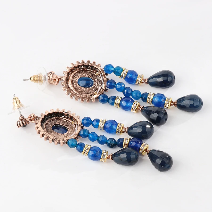 Kinel Blue Natural Stone Tassel Earrings For Women Fashion Antique Gold Color Vintage Jewelry Luxury Crystal Gift 2018 New