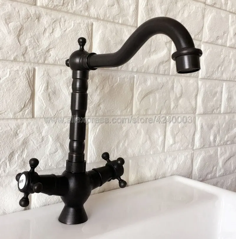 Oil Rubbed Bronze Double Handle Bathroom Basin Sink Mixer Taps Deck Mounted Single Holder Swivel Spout Faucet Knf361