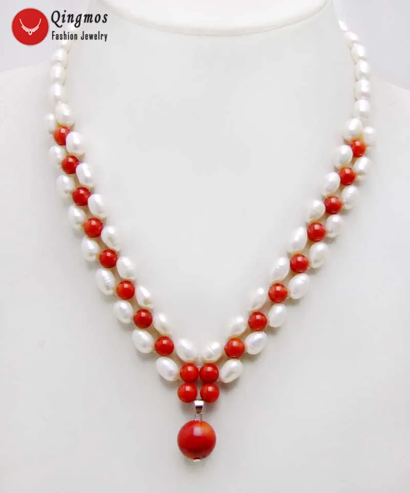 

Qingmos 7-8mm White Rice Natural 17'' Chokers Pearl Necklace for Women & Red Coral Handwork Weaving Pendants & Necklace-nec6189