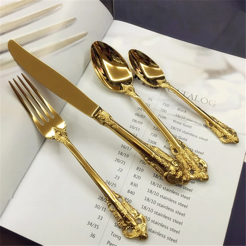 European Style Western Gold Sharp Steak Fork, Luxury Dinner Knife, Carving Handle, Dessert Scoop, Dinnerware Set, 4Pc Set