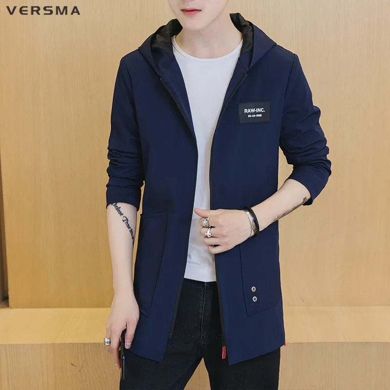 

VERSMA 2017 Casual Fashion Slim Fit Mens Long Jacket Coat Side Zipper Long Black Business Mens Hooded Trench Coat Plus Size 5XL