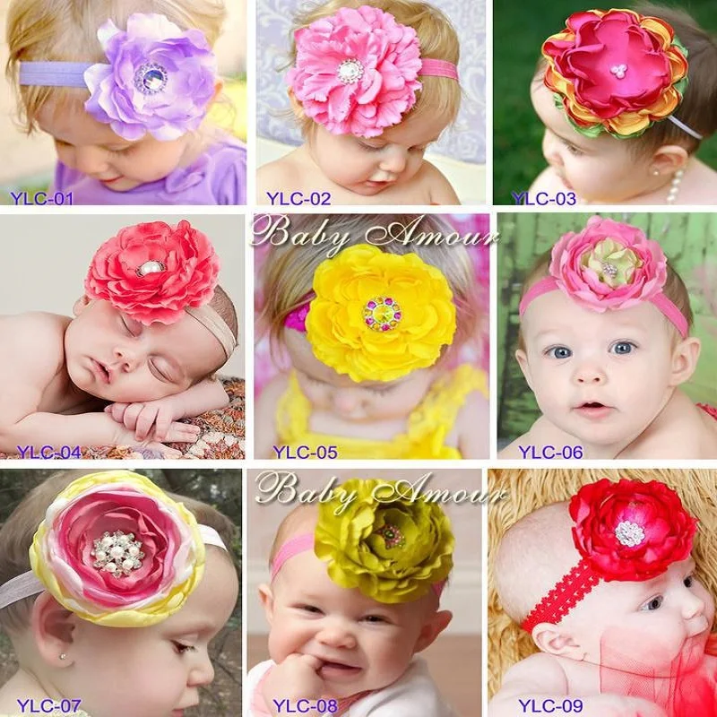 Hooyi Big Rose Flower Baby Girl Hairbands Bling Diamond Pearl Children Headband Kids Bandanas Hair bands Tiaras Barrettes H2