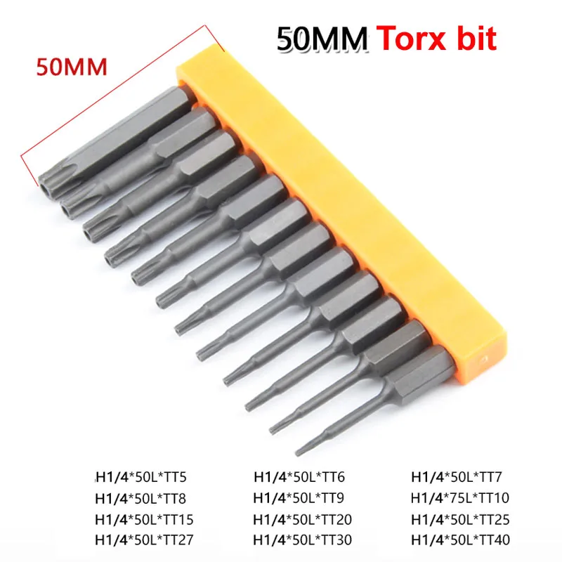 

12Pcs 50mm Length Hardened S2 alloy Steel Magnetic Hex 1/4 Inch Torx Screwdriver Star bit Tool set TT5 to TT40