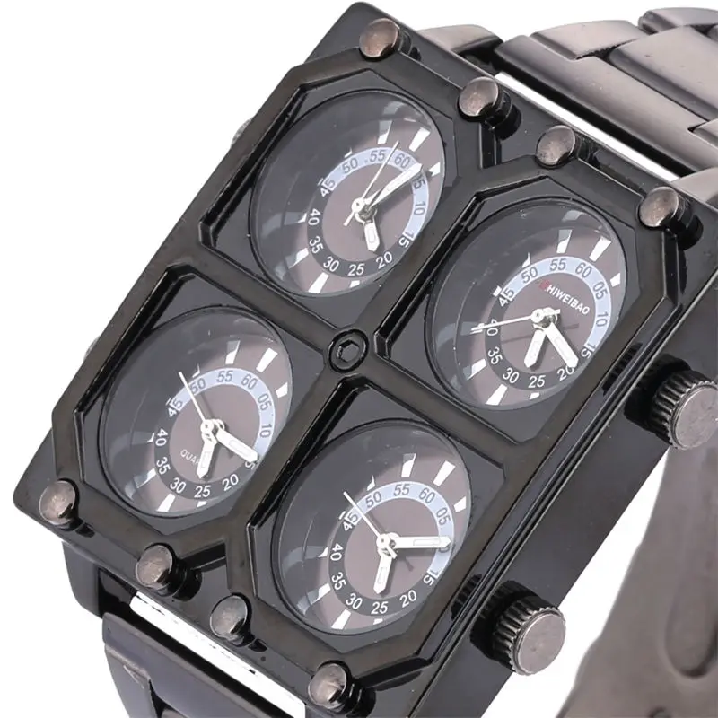 Shiweibao Quartz Watches Men Watch Luxury Brand Four Time Zones Military Wristwatches Full Black Steel Watchband Clock Male New