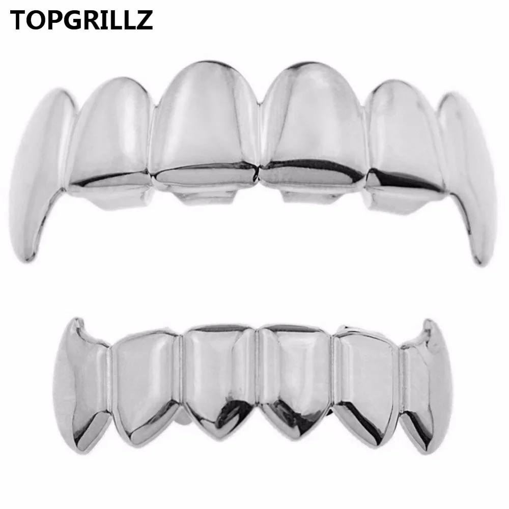 TOPGRILLZ Gold Silver Plated HIP HOP Teeth Grillz Top & Bottom Grills Set With silicone Real Shiny Vampire Tooth Sets