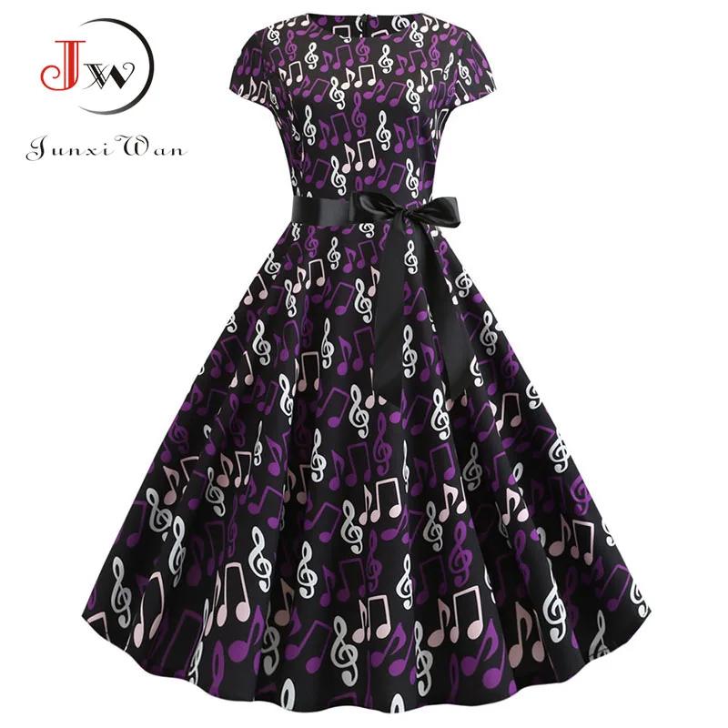 Women Summer Music Note Print Dress 50s 60s Robe Retro Swing Casual Vintage Party Dresses Vestidos