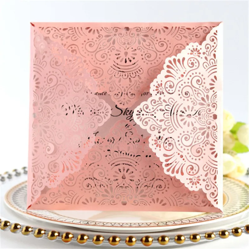 Pearl Ivory Wedding Invitations With Glittery Gold Envelop Belly Band Custom Printing Laser Cutting Party Inviting 50pcs