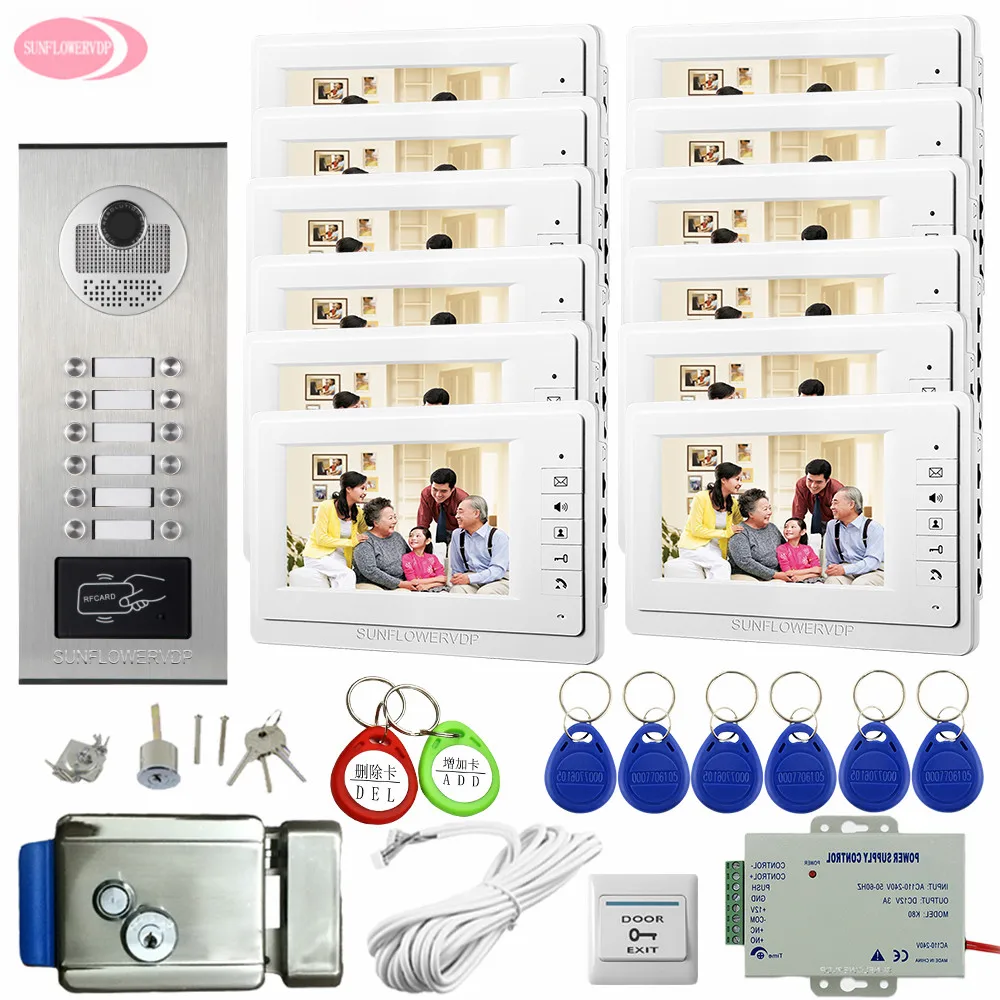 For 12 Apartments Access Aontrol RFID Cards Unlock Video Intercom System For The Apartment Of 12 Units+Electronic Door Lock Kit