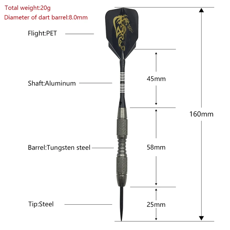 Yernea 3Pcs 20g Professionelle Fest Dart Gesamtlänge 16cm Stahl Tip Darts Wolfram Barrel Dart Aluminium Welle darts Flüge