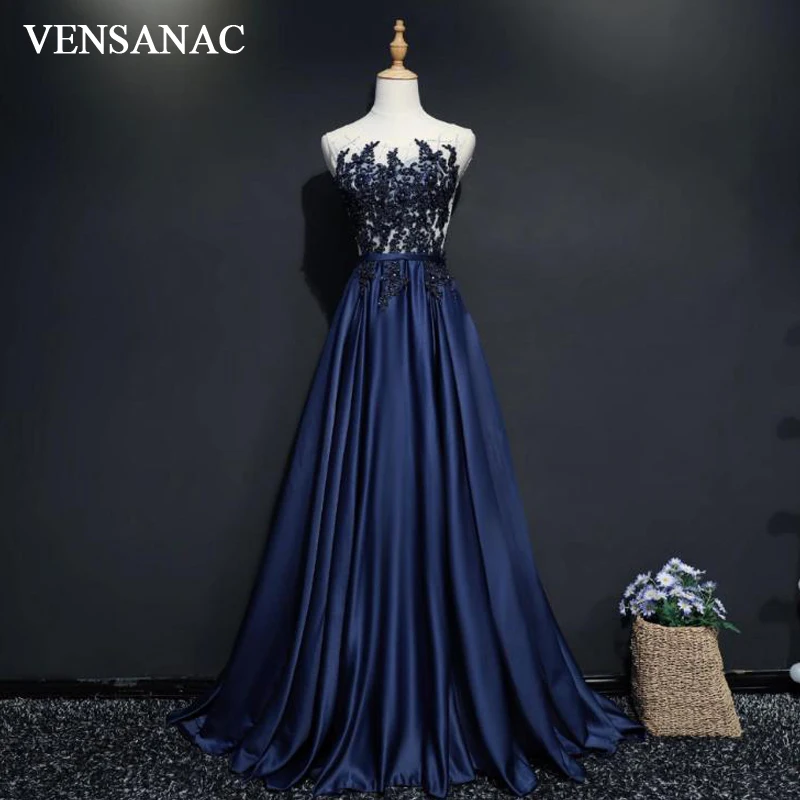 

VENSANAC 2018 Vintage Sheer O Neck Crystals Long A Line Evening Dresses Party Lace Embroidery Sash Sweep Train Prom Gowns