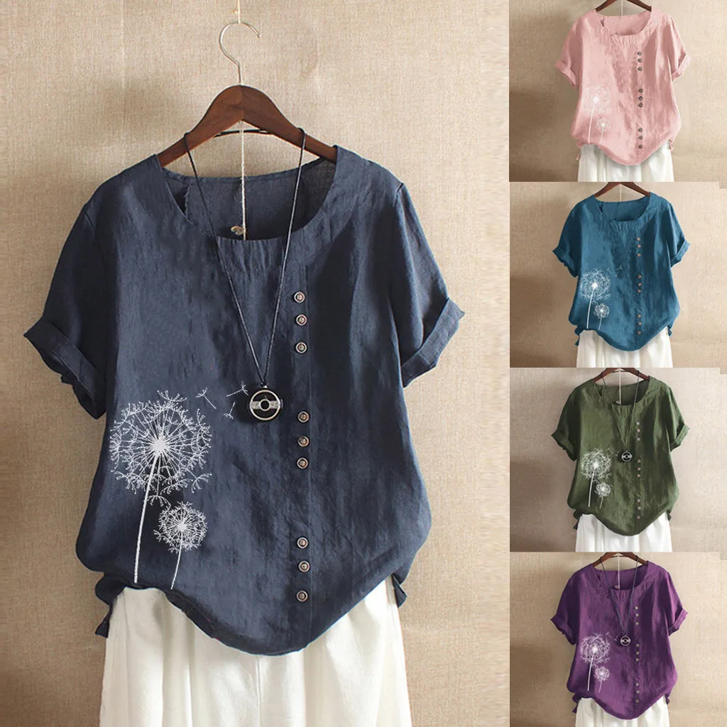 Elegant Floral Print Loose Linen Cotton Women Shirt