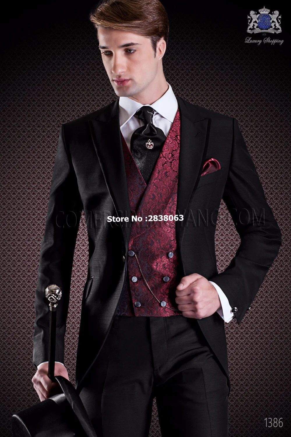 

New Arrival Groomsmen Peak Lapel Groom Tuxedos Black/Wine Men Suits Wedding Best Man Blazer ( Jacket+Pants+Tie+Vest ) C103