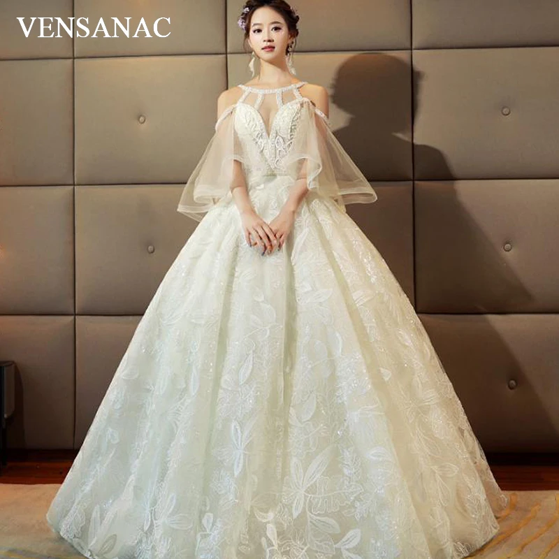 

VENSANAC Beading Halter Lace Appliques Ball Gown Wedding Dresses Sequined Off The Shoulder Backless Bridal Gowns