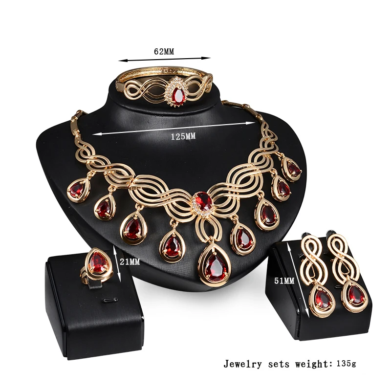 Fashion Austria Crystal Water drop Red Black Green Zircon necklace jewelry sets Classic design Gold color women Party gift