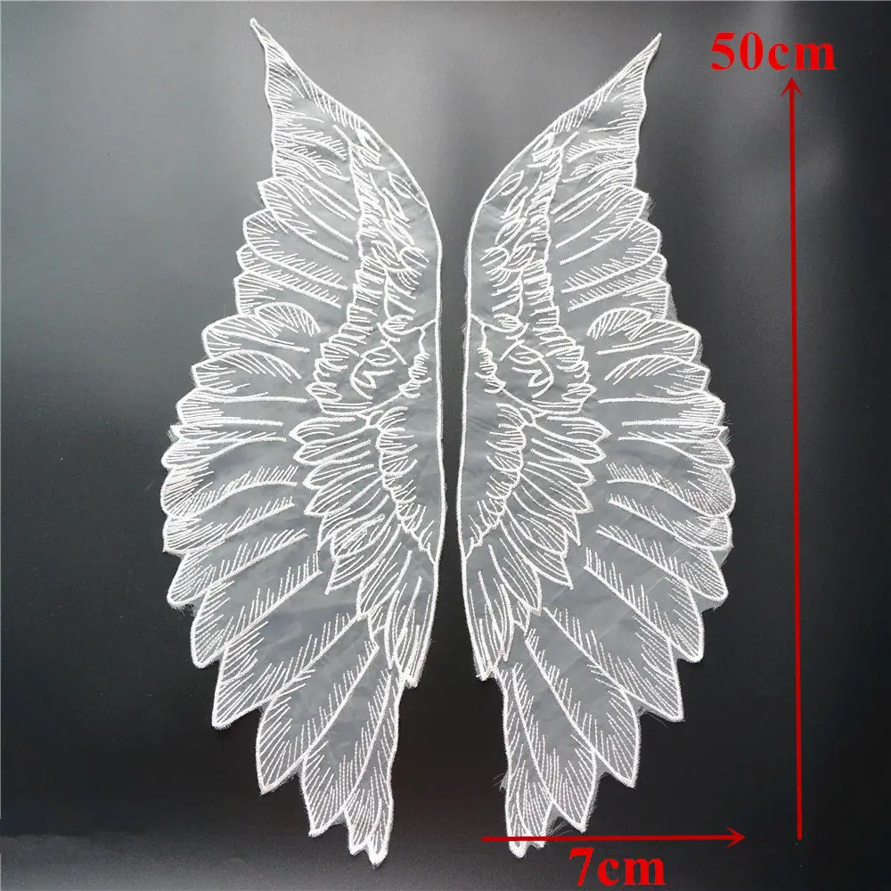 2PCS White Fabric Feather Wings Wedding Gown Appliques Embroidered Lace Collar Sew On Patches For Dress DIY Decoration