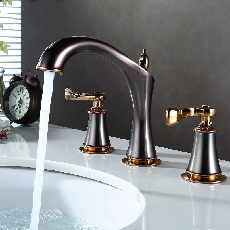 

European Luxury brown gold brass Double handle three holes Widespread Bathroom Sink Faucet high quality Basin Vanity Mixer Tap